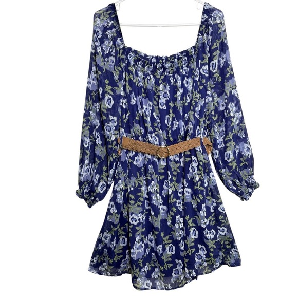 Wallflower Dresses & Skirts - Wallflower Floral Mini Dress Womens XL Blue NWT Smocked Long Sleeve Belted